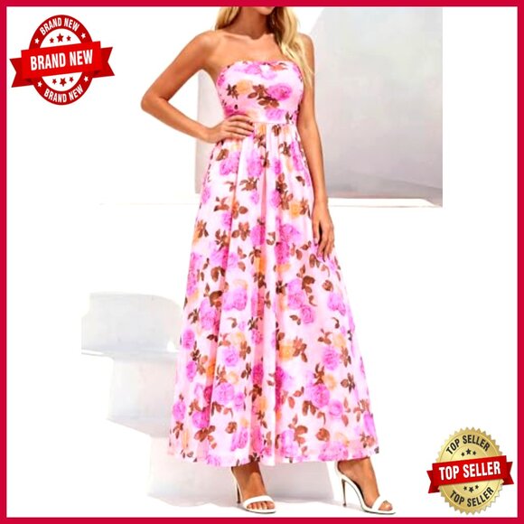 Strapless Maxi Dress Floral Tube Top Ruched Beach Wedding Guest Long - Picture 5 of 7
